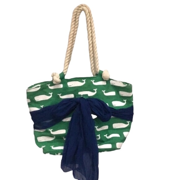 Mud Pie Whales Beach Tote Bag Green with Navy Bow - Picture 3 of 4